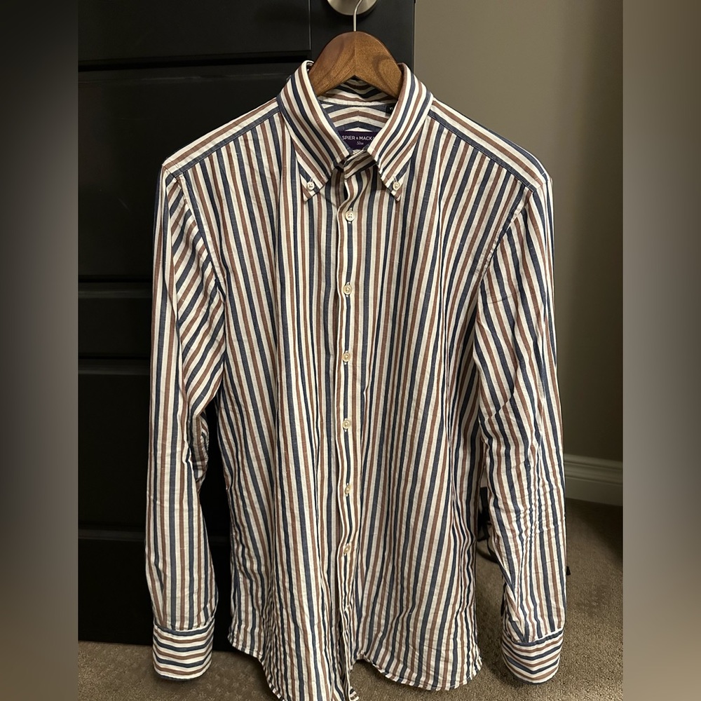 Classic Striped Button-Down Dress Shirt - Navy, Brown & White